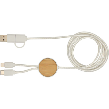 Logotrade Geschäftsgeschenke das Foto: Chechia 150 cm 5-in-1 Kabel aus recyceltem Kunststoff für Datenübertragung und 27W Schnellladung mit Bambusdetails