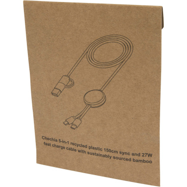 Logotrade Werbeartikel das Foto: Chechia 150 cm 5-in-1 Kabel aus recyceltem Kunststoff für Datenübertragung und 27W Schnellladung mit Bambusdetails