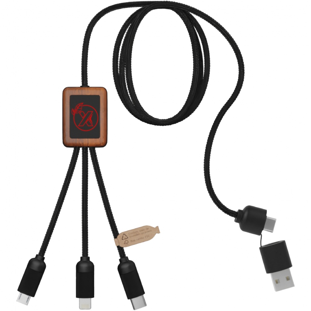 Logotrade promotional product picture of: SCX.design C38 5-in-1 rPET light-up logo charging cable with squared wooden casing