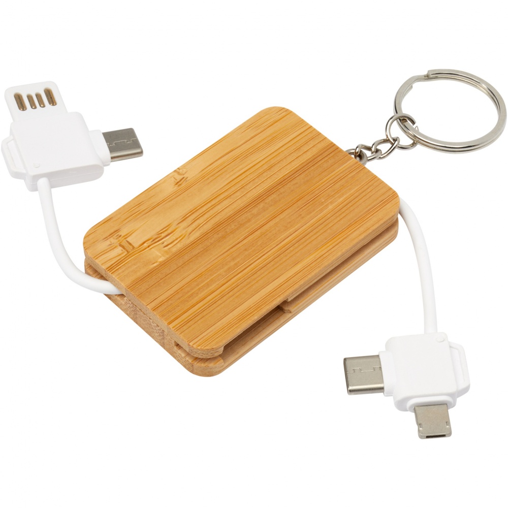 Logo trade promotional merchandise photo of: Reel 6-in-1 retractable bamboo key ring charging cable