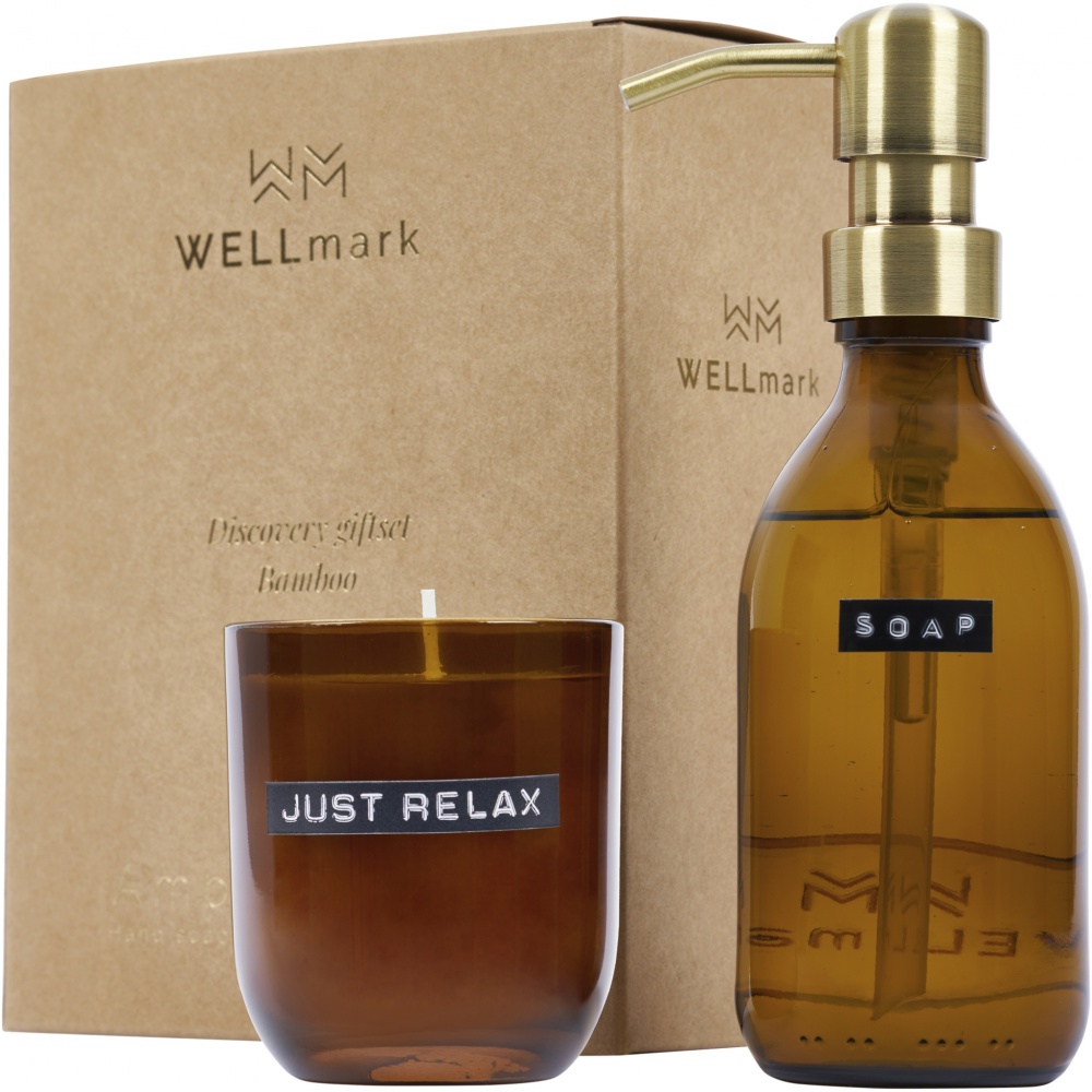Logotrade business gift image of: Wellmark Discovery 200 ml hand soap dispenser and 150 g scented candle set - bamboo fragrance