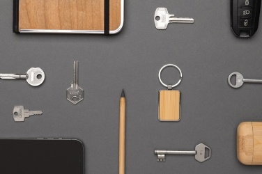 Logo trade advertising products picture of: RCS recycled zinc alloy rectangle keychain with bamboo