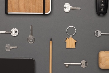 Logo trade business gifts image of: RCS recycled zinc alloy house keychain with bamboo