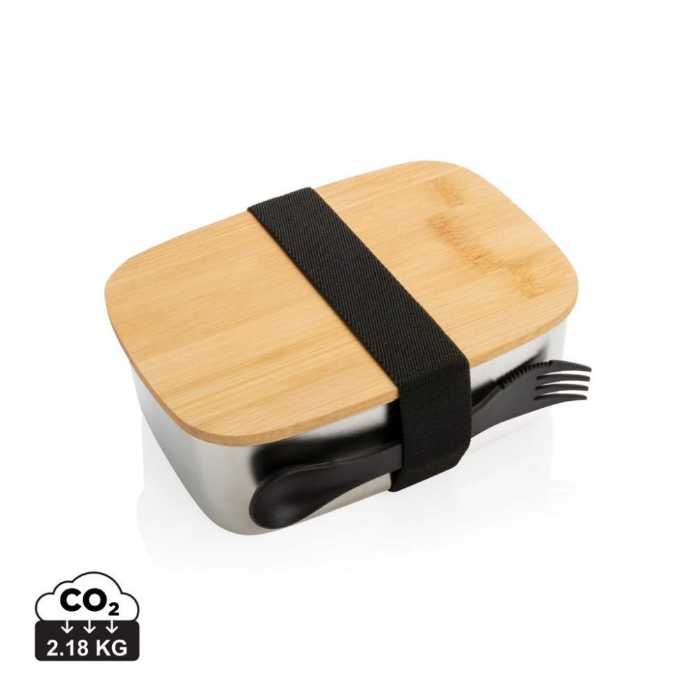 Logo trade corporate gifts image of: Stainless steel lunchbox with bamboo lid and spork
