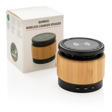 Logo trade promotional products picture of: Bamboo wireless charger speaker