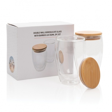 Logo trade promotional merchandise picture of: Double wall borosilicate glass with bamboo lid 350ml 2pc set