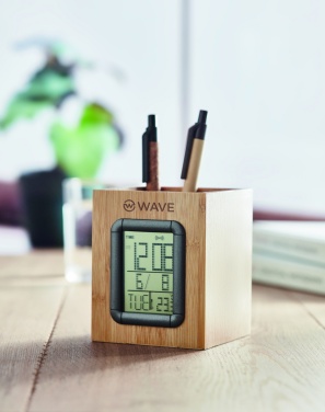 Logo trade promotional product photo of: Bamboo pen holder and LCD clock