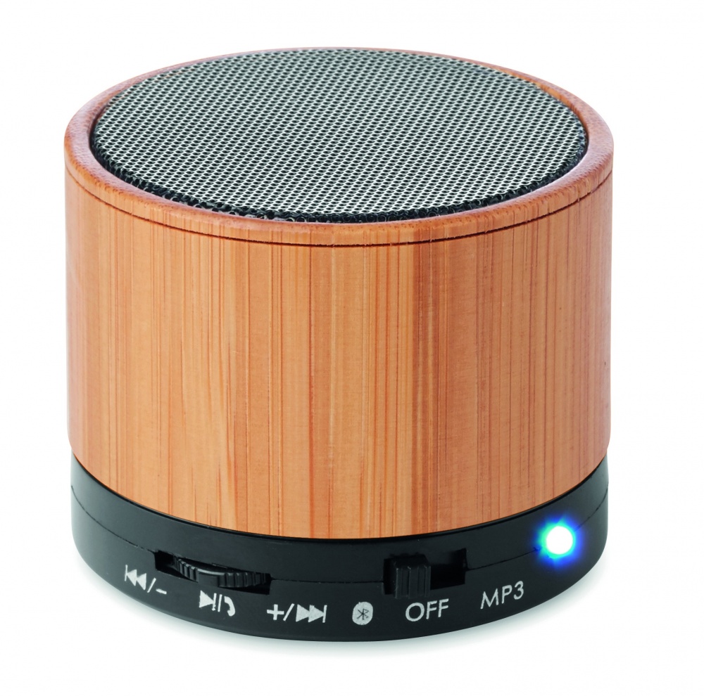 Logo trade promotional giveaways image of: Round Bamboo wireless speaker