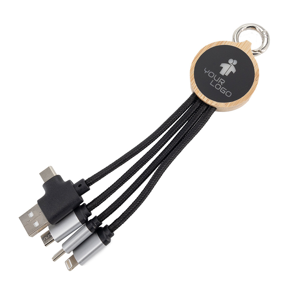 Logo trade advertising product photo of: 4-in-1 cable with elighted logo in a wooden casing, LH-ZMU05