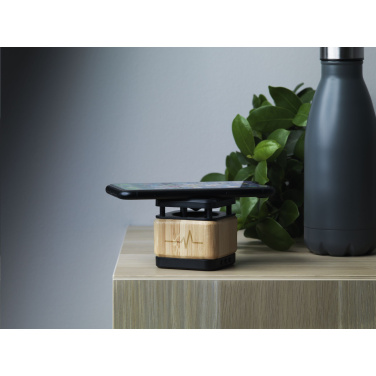 Logo trade promotional giveaways image of: Bamboo Block Speaker with wireless charger