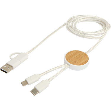 Logo trade promotional merchandise image of: Chechia 5-in-1 recycled plastic 150 cm data sync and 27W fast charge cable with bamboo details