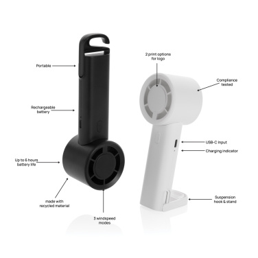 Logo trade promotional gifts image of: Twist RCS recycled plastic re-chargeable portable fan