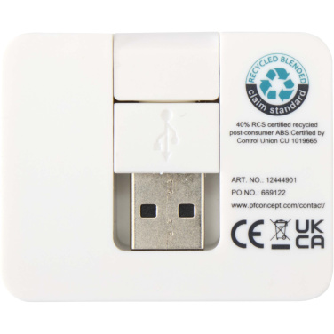 Logotrade reklaminės dovanos nuotrauka: „Gaia“ 4 prievadų USB šakotuvas su USB-A ir C tipo išvestimis bei dviguba įvestimi – pagamintas iš perdirbto plastiko